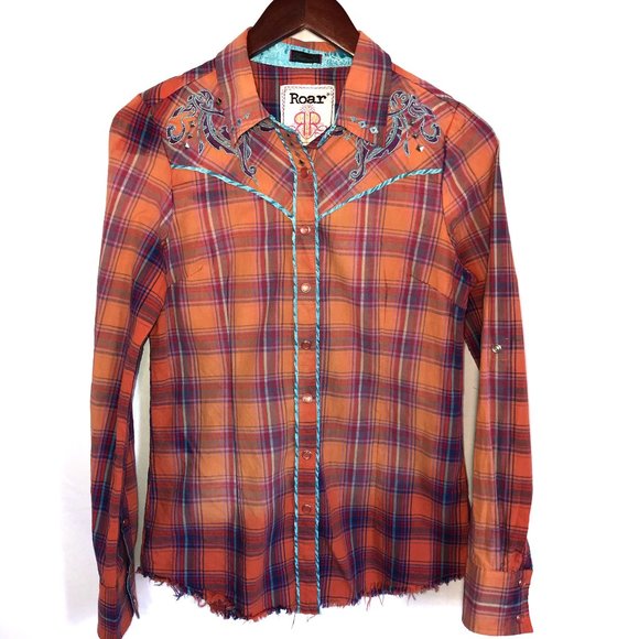 Roar Tops - Roar Orange Plaid Embellished Snap Button Down